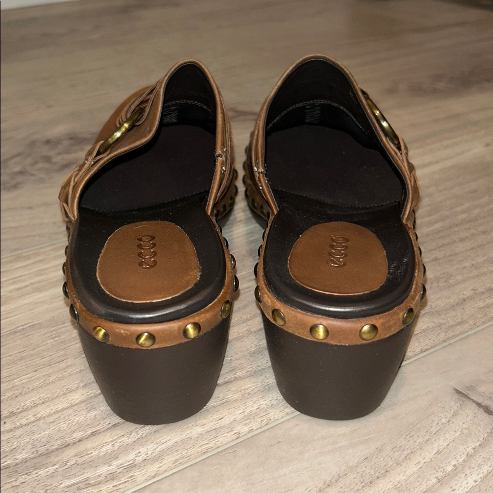 Ecco Leather Studded Slip On Size 6 EU 37 Mules Clogs Chunky Strap Boho Brown - Picture 4 of 8